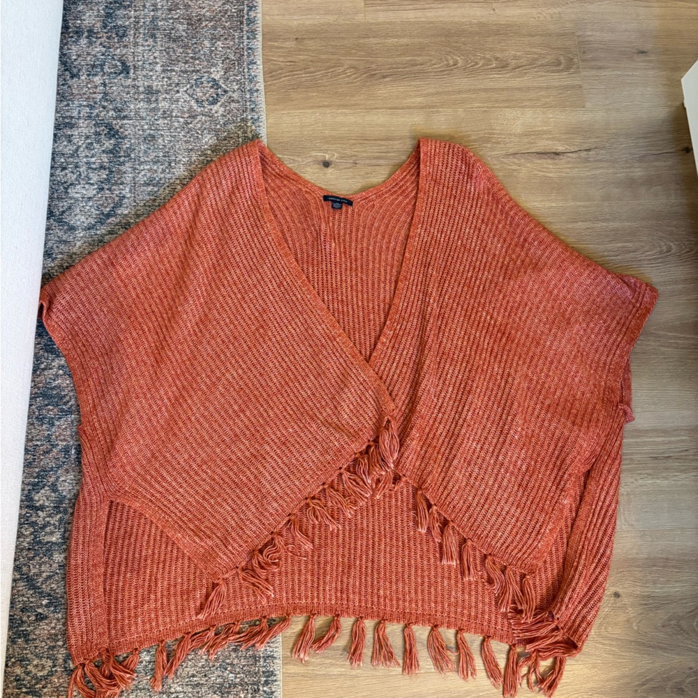 American Eagle Outfitters Rust Orange Fringe Knit Poncho